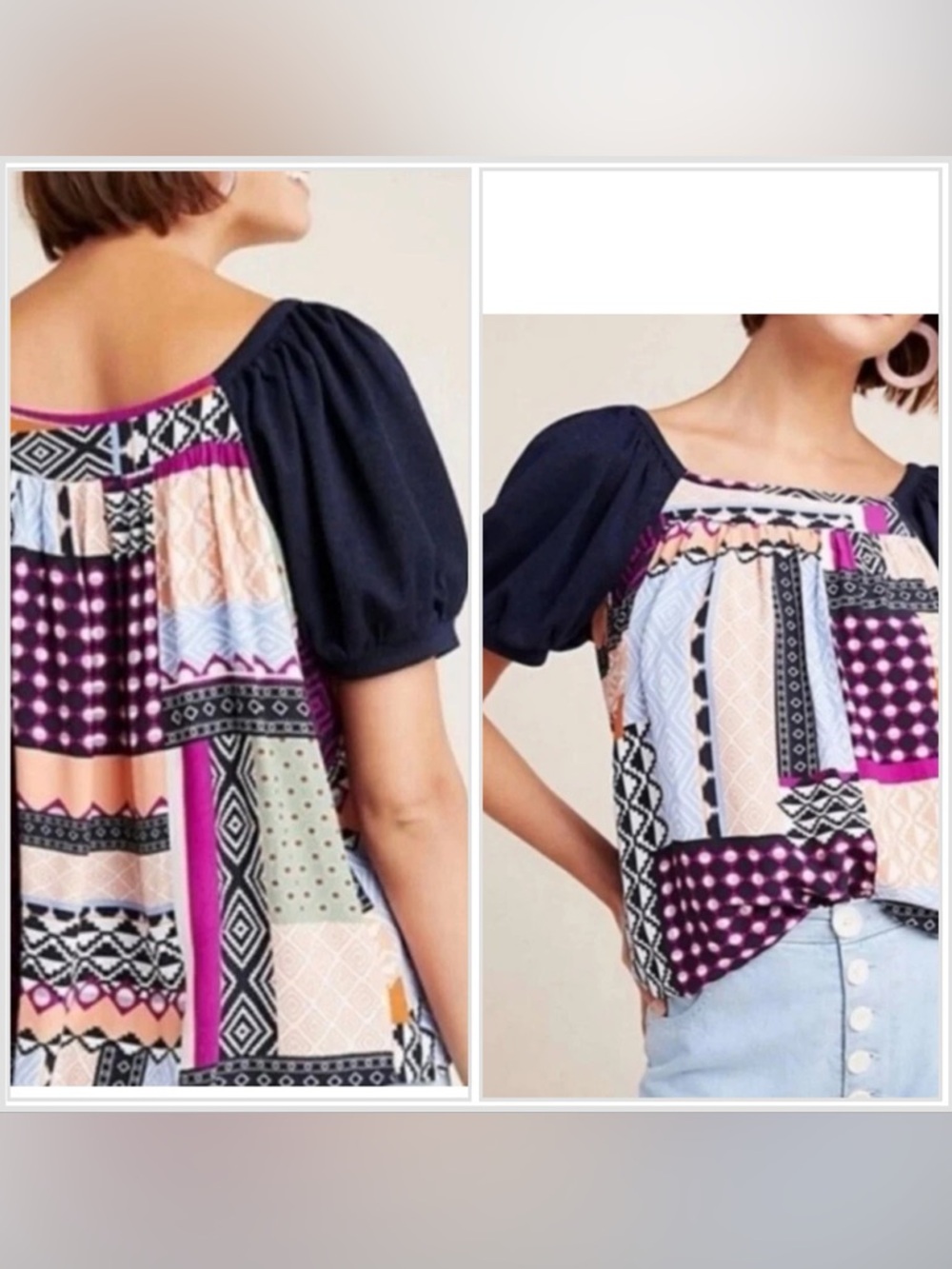 Anthro Maeve Cataina Puff Sleeve Patchwork Blouse Size S
